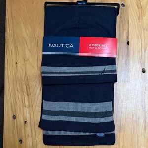 Nautica Men's Black and Gray Hat & Scarf Set